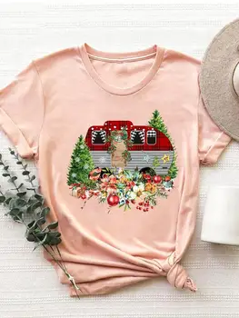 Grafiskais T-krekls Top Druka T Kreklu Priecīgus Ziemassvētkus Kravas automašīnu Ziedu Gudrs Laimīgu Jauno Gadu, Sieviešu Apģērbs, Apģērbu Modes Pamata Tee