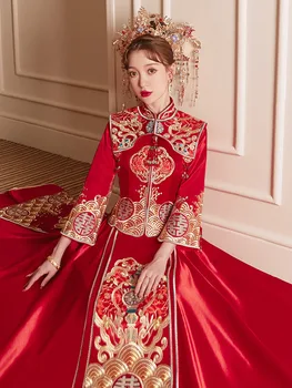 Greznu Ķīniešu Tradicionālā Sieviešu Kāzu Kleitas Izšuvumu Ilgi Cheongsam Stilīgs, Elegants Līgava Līgavainis китайская одежда