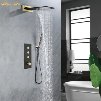 Gunmetal luksusa vannas termostata sienas dušas komplekts vannas sienas zemapmetuma pastāvīgu dušas komplekts iestrādāta zelta termostata dušas
