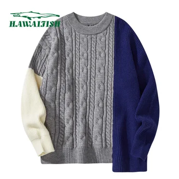 HAWAIFISH Jaunu Modes Vintage Džemperis ar garām Piedurknēm Streetwear Harajuku Raibs Džemperis Rudens Ziemas Vīriešiem Apaļu Kakla Džemperis