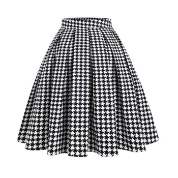 Hepburn Stils Midi Svārki ar Augstu Jostas Bumbu Kleita Melnā Houndstooth Pleds Kroku Svārki Vintage 60s Retro Modes Streetwear