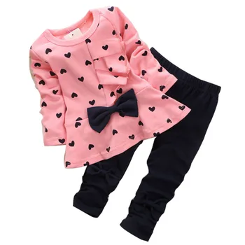 Ir 2021. Pavasarī Bērniem Meitene Apģērbs ar garām Piedurknēm Uzstādīt Sirds Ziedu Bowknowt Gudrs 2GAB Drēbes Bērniem Twinset T Krekls+Bikses Legging