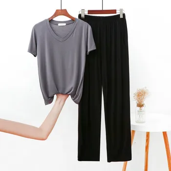 Izšuvumu Krāsa Pidžamu Sievietēm Jaunu Elegantu V-Kakla Īsām Piedurknēm Krekls + Bikses, Uzvalks, Liela Izmēra Kravu Sleepwear Pijama Komplekts