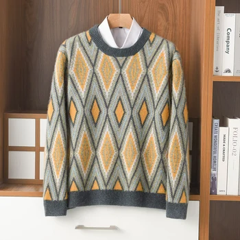Jaunas 100% tīra vilna, kašmira vīriešu apaļu kakla džemperis 2022. gada rudens un ziemas krāsu saskaņošanas top gadījuma sabiezējums modes jaka