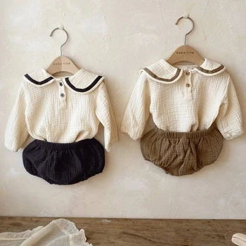Jaundzimušo Bērnu, Meiteņu un Zēnu Apģērba Komplekts Navy Apkakles Kokvilnas T-krekls+PP Šorti Ikdienas Tērps gada Rudenī, Pavasarī Baby Toddler Apģērbu Komplekts