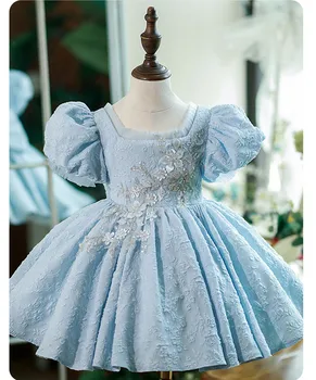 Jauns pūkains princess tutu kleita debesis zilas mežģīņu satīna meitenes kleita pusaudžu skaistums grezna izrāde dzimšanas dienas svinības bumbu kleita