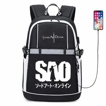 Jauns Zobens Mākslas Online Mugursoma Cosplay SAO Kirito Anime USB BagsMan Sieviešu Oxford Atstarojošo Svītru Schoolbag Ceļojuma Somas