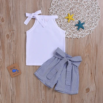 Jauns Zīdainis, Bērniem, Baby Meiteņu Drēbes, Ciets Balts T-krekls Topi+ Svītrainas Bikses, īsās bikses-Šorti Vasaras Apģērbs