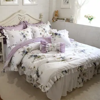 Jaunu pastorālo gultas komplekts ziedu drukāt savirmot sega sedz kvalitātes auduma palagu pārklājs eleganti svārki gultas veļas tekstila