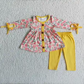 Karstā Pārdošanas Bērni Rudenī Ziedu Tērpiem, Baby Meitenes ar garām piedurknēm Augšu un Dzeltenas Zeķes, Bērnu Apģērbu Veikals Vairumtirdzniecība RTS Komplekti
