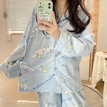 Kawaii Sanrios Anime Cinnamoroll Pidžamas Komplekti Pavasara Rudens Karikatūra Kokvilnas Sleepwear Sievietēm Homewear Divu Gabals, kas Dāvanu
