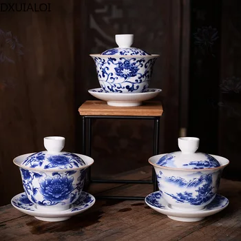 keramikas vāciņu trauks tējas tase radošo zilā un baltā tēja bļodā Kung Fu tējas komplekts baltā porcelāna vāks bļodā tea house tēju komplekts