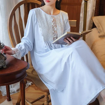 Kokvilnas Nakts Kleita Sievietēm Pavasara Rudens Sexy Mežģīņu Savīt Garu Apmetni Peignoir Vintage Nightgowns Viktorijas Kleita Princese Sleepwear