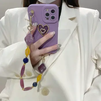 Korejas Violeta Rhinestone Sirds ar Dārgakmens Ķēdes Aproce Lietā par iPhone 12 Balli 13ProMax 11 XsMax Xr X Triecienizturīgs Gadījumā