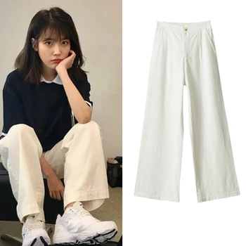 kpop SV Ji Lee Eun vasaras zaudēt gadījuma taisni baltas bikses sievietēm korejas Streetwear savvaļas Elegants plaša kāju Elastīga vidukļa bikses