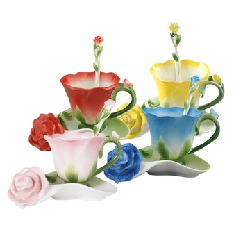 Labāko 3D Rožu Formas Ziedu Emaljas, Keramikas Kafijas, Tējas Tase un Apakštase Karoti Augstas kvalitātes Porcelāna Tasi Radošo Valentine Dāvanu Dizains