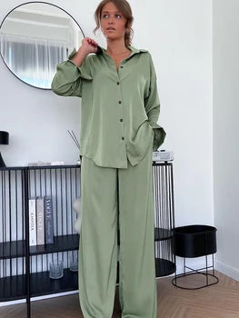 Linad Zaudēt Sieviešu Mājas Apģērba 2 Gabals Komplekti Zaļā krāsā ar garām Piedurknēm Sieviešu Pidžamas Bikšu Kostīmi 2023 Pavasara Gadījuma Cietā Sleepwear