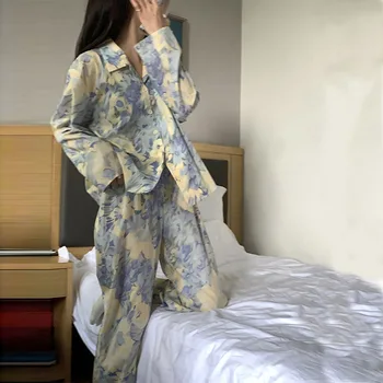 Long-sleeve Sieviešu Pidžamas, Kokvilnas Homewear Uzvalks, Eļļas Glezna Ziedu Drukāt Pidžamas Sieviešu 2 gab. Komplekts