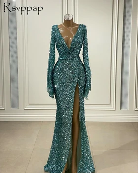 Luksusa Garā vakarkleita 2022 Dziļu V-veida kakla ar garām Piedurknēm Sexy Augstu Šķēlumu Dubaija Sieviešu Sirēna Oficiālas Personas Vakara Tērpi