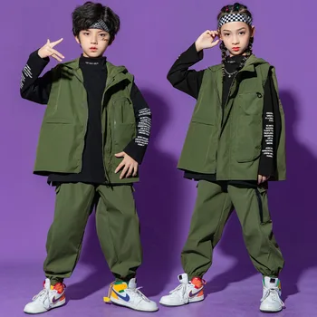Mazulis Hip Hop Apģērbs, Armijas Zaļā krāsā bez Piedurknēm, Jaka pelēkā vārna Top Streetwear Taktiskās Kravas Jogger Bikses Meitenēm Zēniem Deju Kostīms