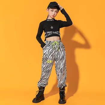 Mazulis Hip Hop Apģērbs, Krekls Kultūru Tops ar garām Piedurknēm Tee Kreklu Streetwear Zebra Drukāt Jogger Bikses Meitenēm Džeza Deju Kostīms
