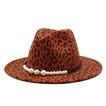 Modes retro leopards drukāt pērle džeza top cepure ziemas imitācija vilnas cepure dāmas universāls, fedora cepuri platām malām cepure Panama