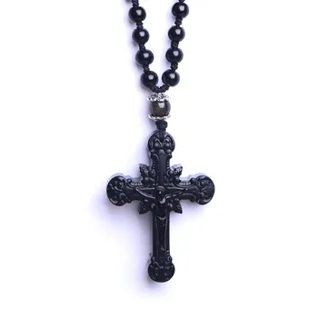 Obsidian Krucifiksu Melna Dabīgā Akmens Jēzus Kristus Pie Krusta Kulons Vīriešiem, Sievietēm Kristiešu Reliģisko Rotaslietas