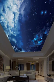 Pasūtījuma 3D Foto Tapetes griestiem Skaistas zvaigžņotas debesis, zilas debesis, balti mākoņi, bērnu istaba, sienas, griesti