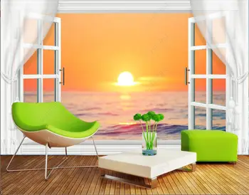 pasūtījuma sienas 3d foto Tapetes, Skaistā piejūras saullēkta ainavu aiz loga dekoru, tapetes sienām, 3d dzīvojamā istaba