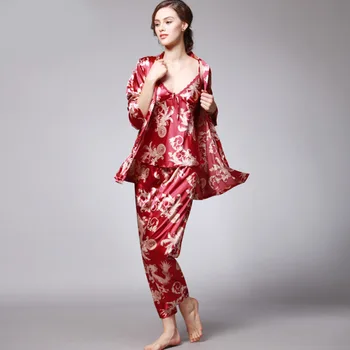 Pavasara / Vasaras 2021 Ice zīds zīda pidžamas dāmām pūķis kleita iespiestas trīs-gabalu mājas tērps