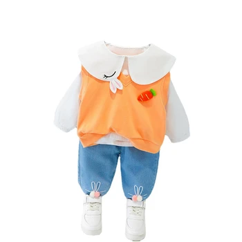 Pavasarī Baby Meitene Modes Apģērbu Bērniem Kokvilnas Veste, Krekls Džinsi 3Pcs/Komplekti Rudens Toddler Aktīvo Kostīms Bērniem Gadījuma Sporta
