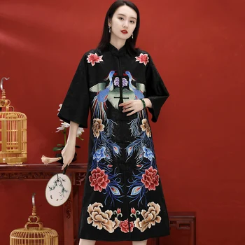 Pavasarī Un Rudenī Jaunu High-End Pasūtījuma Ķīniešu Stilā, ar Roku Izšuvumu Phoenix Trīs Ceturtdaļu Piedurknes Vidus Garums Sieviešu Mētelis M-3XL