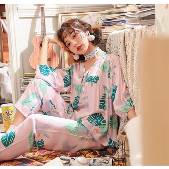 Pidžamas divdaļīga garām piedurknēm korejas iespiesti zaudēt yukata Naktskrekls nakts tērps dāmas ikdienas mājas apstākļos pavasarī un vasarā