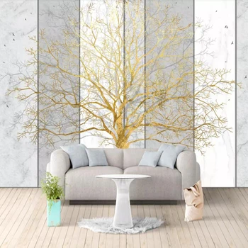 Pielāgotu lielu sienas tapetes-3D ģimenes koku zelta foliju, laimes koks, marmors, parketa sienu apdare, krāsošana