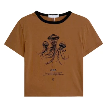 Retro kafijas krāsā medūzas modelis drukāt kontrasta krāsu apaļu apkakli un seksīgu meiteni ar īsām piedurknēm T-krekls