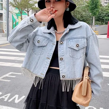 Rhinestone Pušķis Zilā Dneim Žaketes Caot Sieviešu Rudens Korejas Modes Savukārt Apkakle Streetwear Garām Piedurknēm Gadījuma Virsdrēbes