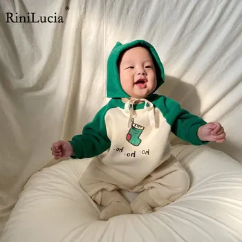 RiniLucia Ziemassvētku Baby Romper Jaundzimušā Bērna Zēns Meitene Iespiesti Romper + Cepure Ar Garām Piedurknēm Jumpsuit 2022 Rudens Ziemas Apģērbu