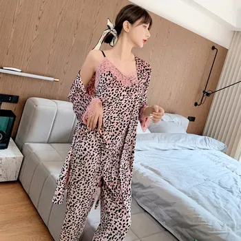 Rozā 3PCS Pidžamu Uzvalks Sexy Leopard Naktsveļu Miega Komplekts Velūra Dāma Mājas Apģērbu Intīmas Apakšveļa Gadījuma Peldmētelis Kimono Kleita