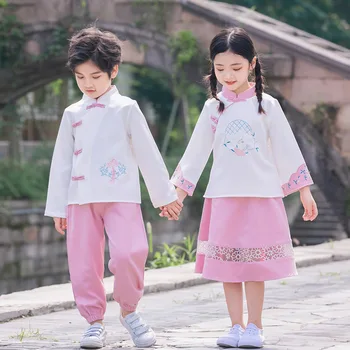 Rudenī Jauns Zēns Un Meitene Vintage Pogu Pasaku Hanfu Kleitas Bērnu Ķīniešu Stilā Izšuvumi Divas Gabals Uzvalks Lomu Spēļu Kostīmu