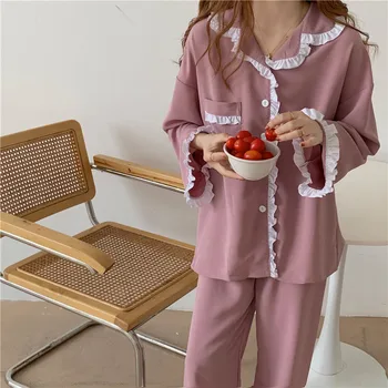 ruffles rozā pidžamas komplekts gadījuma zaudēt rudenī, mājas tērps, krekls ar garām piedurknēm pidžamas bikses sleepwear 2 gabals, kas lounge valkā