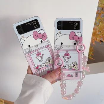 Sanrio Hello kitty Nozvejas Lelle 3D Lelle Rokas Ķēdes Tālrunis Case For Samsung Galaxy Z Flip 3 4 5G ZFlip3 ZFlip4 Flip3 Flip4 Vāciņu