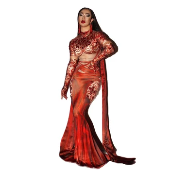 Sarkanā Krāsā Spīd Vizuļi Rhinestones Jostas Sexy Sievietes Kleitu, Kostīmu Festivāla Vakara Rave Tērpiem Puse Drag Queen Cloting