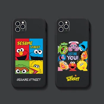 Sesame Street Karikatūra šķidro silikonu melnais tālrunis lietā par iphone 12 Pro Max 11 Pro Max 12MiNi 7 8 Plus X XS Max XR gudrs vāciņš