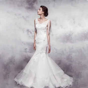 Sexy backless v-veida kakla mežģīnes sequined sirēna vintage Kāzu Kleita līgava kleitas 2015. gadam vestido de noiva casamento pogu frēzēšana