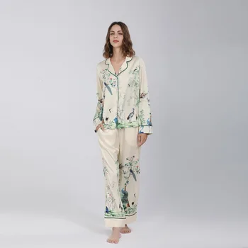 Sievietes Glezna Putnu Valodu Ziedu Pidžamas Komplekti, Seksīgas Pidžamas Jaka Uzvalks Satīna Sleepwear 2GAB Naktsveļu Loungewear Mājas apstākļos