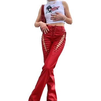 Sieviešu 2022 Mākslīgās PU Ādas Cietā Taisnas Bikses Dobi No Pārsējs Hipster Modes Iela Stila Bikses Sieviešu Karstā Attirewear