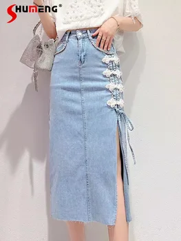 Sieviešu 2022 Vasaras Korejiešu Stilā Salds Rhinestone Sprādzes Džinsa Bikses Dāmas Modes Pasaku Augsta Vidukļa Novājēšanu Spraugas - Line Svārki