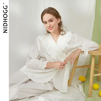 Sieviešu Kokvilnas Princese ar garām Piedurknēm Pidžamu Balta Mežģīņu Pils Plus Lieluma Zaudēt Sleepwear V-veida kakla 2 Gabals Eiropas Sexy Naktsveļu