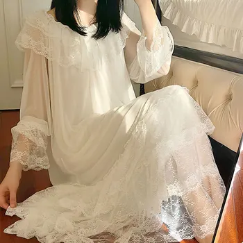 Sieviešu Lolita Balta Princeses Kleita Sleepshirts Palace Vintage Stila Daudzslāņu Mežģīņu Acu Nightgowns.Nightdress Miega Loungewear