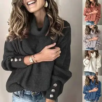 Sieviešu Rudens Pavasara Adīti Džemperi augstu uzrullētu apkakli ar garām Piedurknēm Pogas Apdare, Džemperi, Topi, Dāmas Ikdienas Džemperis Plus Izmērs S-5XL